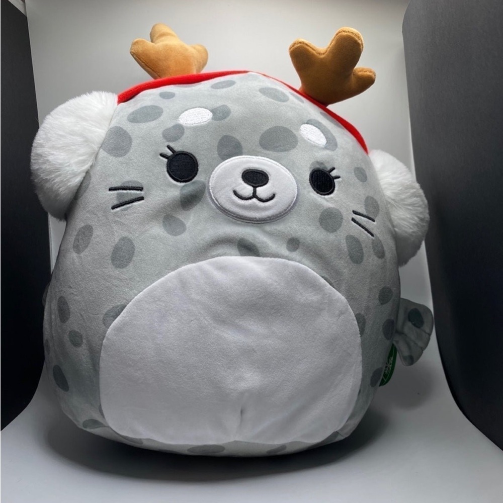 11” Odile the Gray Spotted Seal squishmallow With Antlers and earmuffs NWT